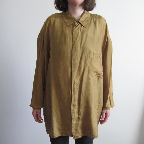 Vintage 1980s silk chartreuse button up blouse - Picture 4 of 6